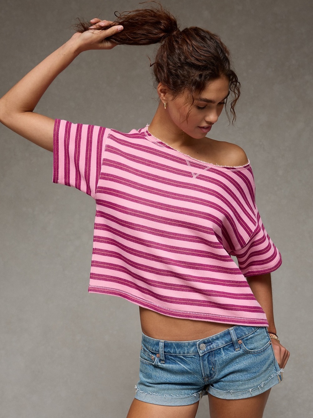 American Eagle Outfitters Pink Striped Off-Shoulder Crop Top
